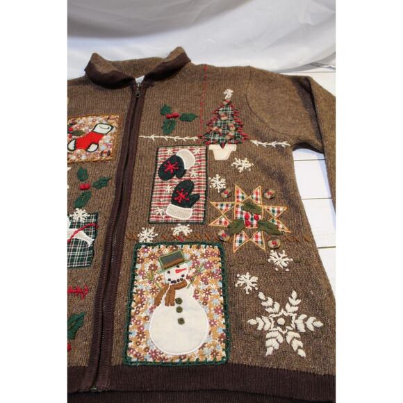 B.P.Design Vtg Wool Blend Women's M Brown Full-Zip Christmas Sweater Embroidered - Picture 8 of 13
